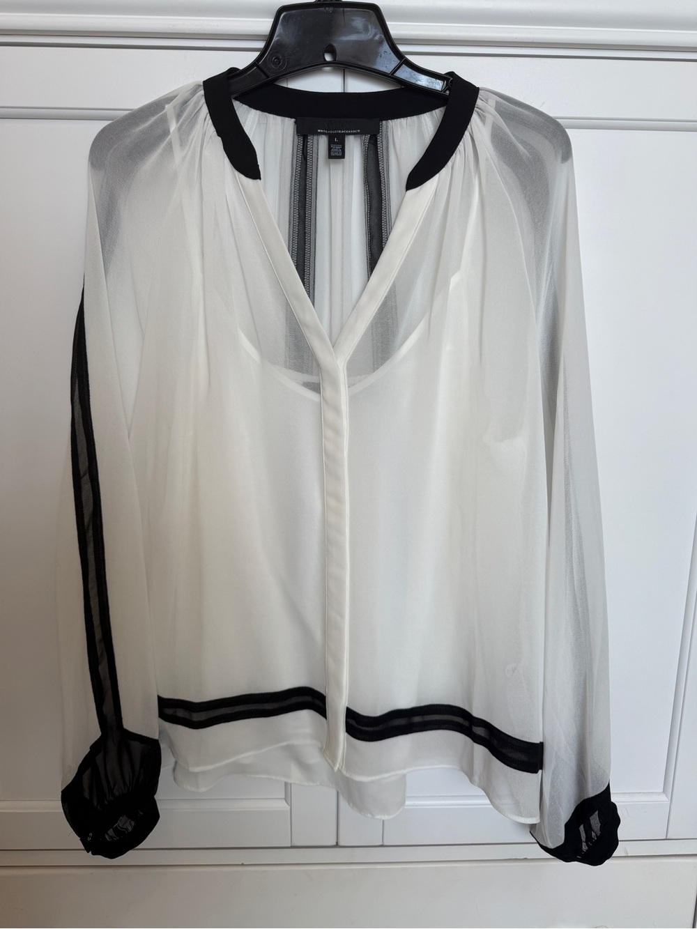White House Black Market Sheer White Blouse with Black Trim- L